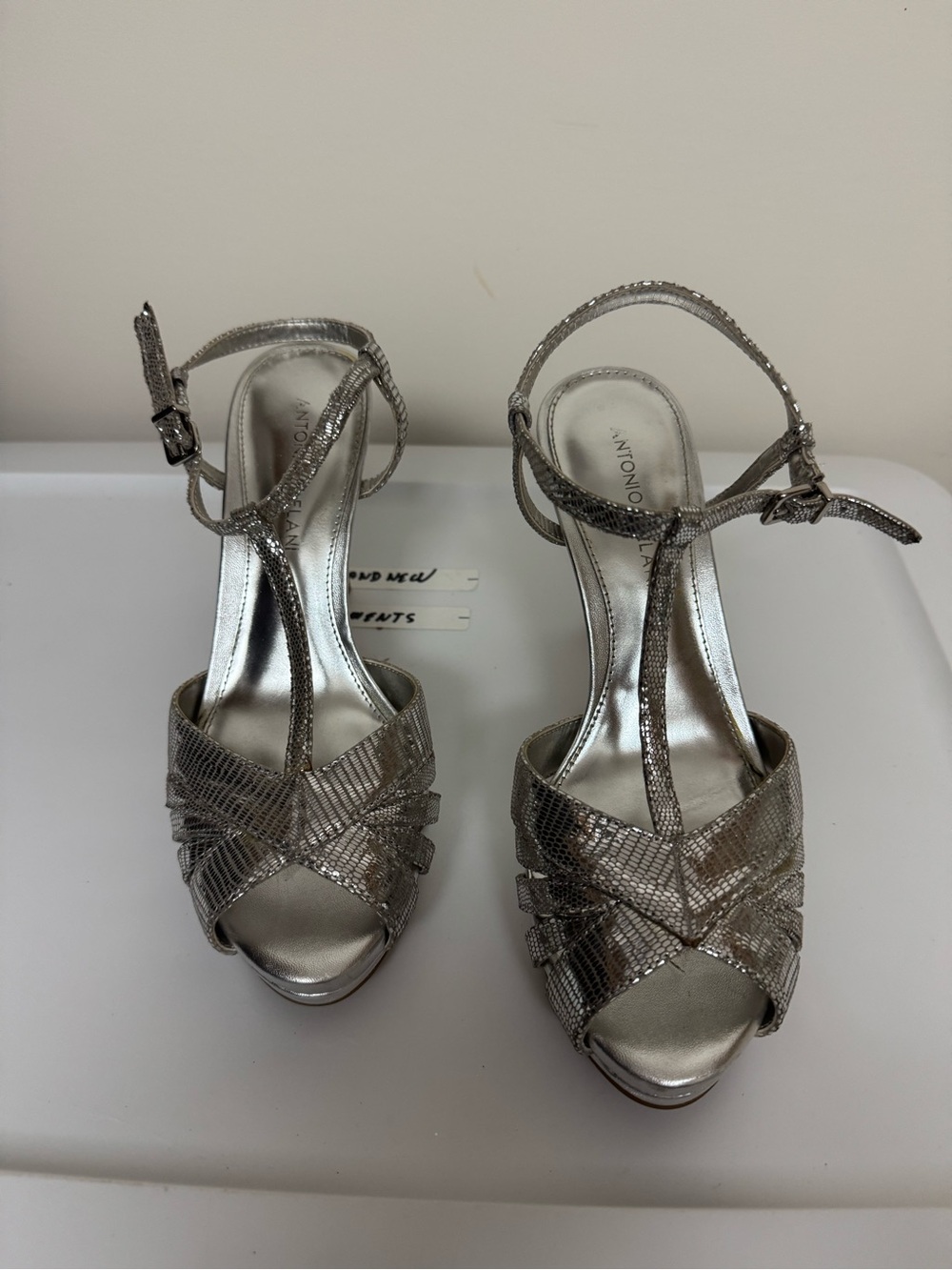 ANTONIO MELANI Metallic Silver T-Strap Platform Heels